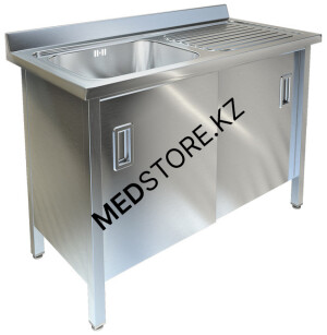 Мойка хирургическая 1-местная с рабочей поверхностью стола(1200х600х850мм)из нержавеющей стали AISI 304 с отверстием(без отверстия)под смеситель, емкость 400х500х250мм,двери-купе,крыло,полка