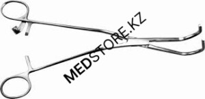 Зажим изогнутый по плоскости под углом 120 град. с кремальерой для временного пережатия сосудов малый 155 мм, 34.0265.05